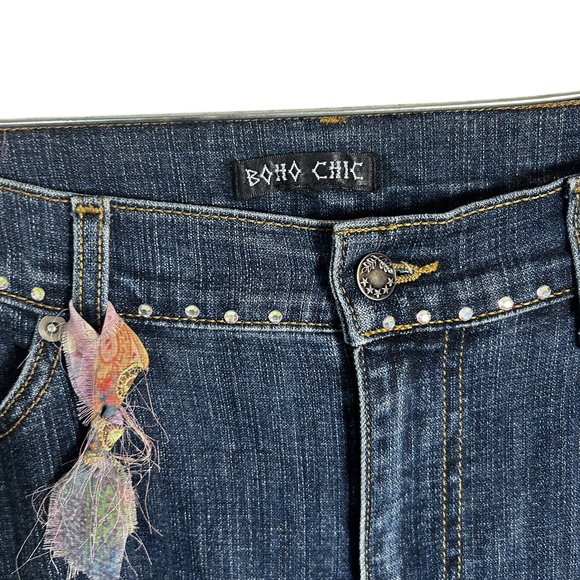 Boho Chic Embellished Denim Jeans Blue Floral Rhinestone Tassel Cuff Women's - Picture 11 of 16
